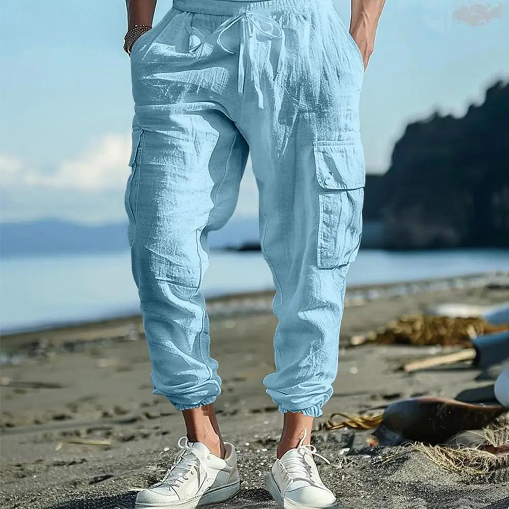 Lightweight Summer Trousers Men Linen Pants Breathable Men's Linen Jogger Pants with Drawstring Waist for Summer for Beach - Ellianto fashion Men's
