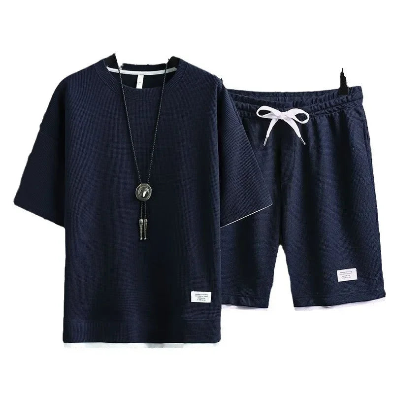 Casual Men's Sportswear Set Summer Short Sleeve Drawstring Shorts Loose Five-Quarter Pants Thin Male Outfit Two-Piece Suit - Ellianto fashion Men's