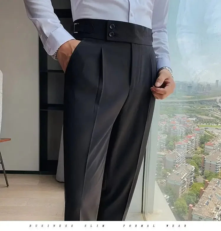 AutumnCasualTrousersMenStraight-LegNarrow-FitHigh-WaistedSlimsBritishStyleSuit Pants BusinessAttire - Ellianto fashion Men's