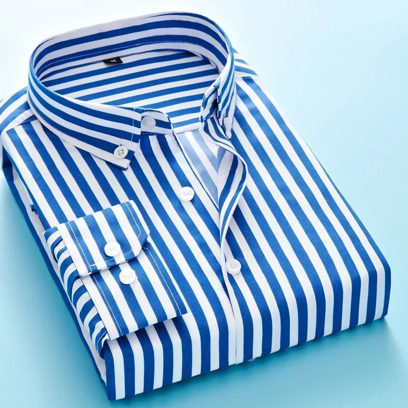 Men's Long Sleeve Blue White Striped Shirt Dress Fashion Standard-fit Button Down Shirts Blouse Men Hip-hop Streetwear Camisas - Ellianto fashion Men's