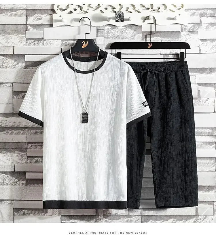 Ice Silk Men's Summer Loose Large Size Casual Sports Set Short Sleeve Seven Pants Two Piece Set Comfortable Breathable Clothing - Ellianto fashion Men's