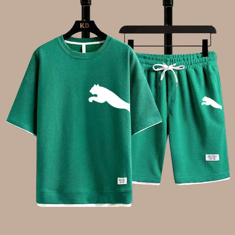 Set 2025 new casual sportswear for men summer two-piece clothing short-sleeved round neck and shorts two fashionable clothes - Ellianto fashion Men's