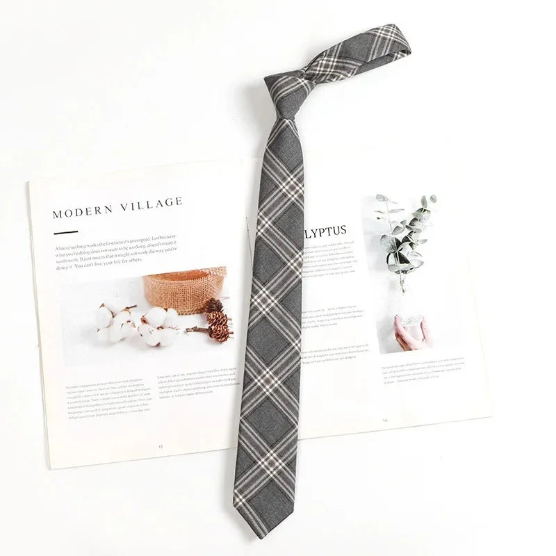 Vintage Brown Plaid Necktie Women's Lazy Person's Japanese Style Preppy Small Tie Bow Tie Handmade Men's Tie