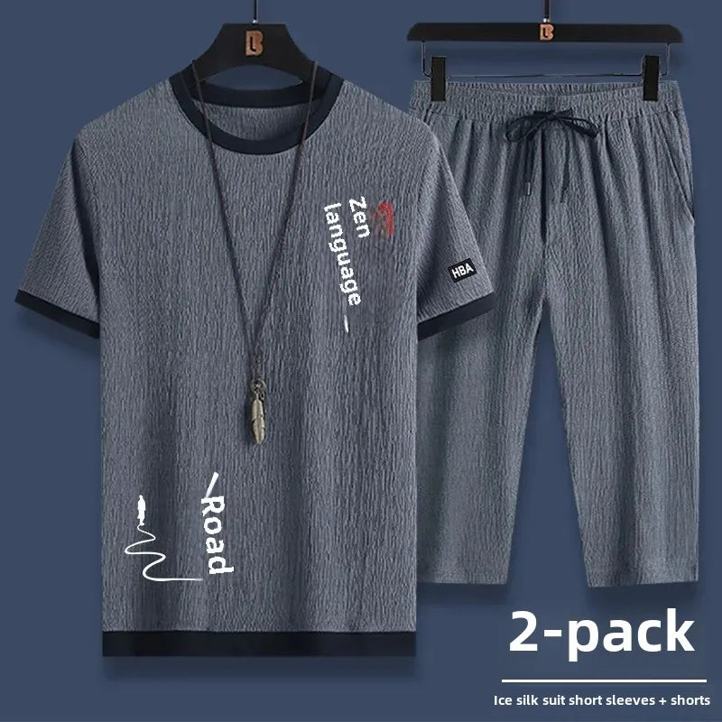 Ice Silk Summer Casual Sports Suit Men's Short Sleeve T-Shirt Shorts Set Fashionable Two-Piece Set for Men Comfortable Breathabl - Ellianto fashion Men's