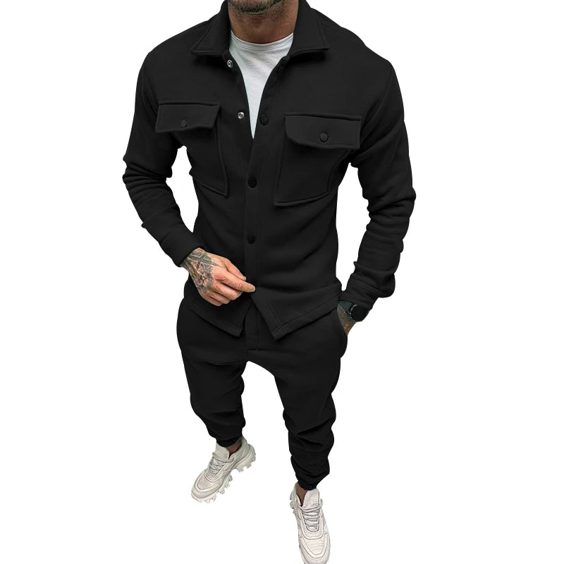 Men's casual overalls jacket and pants suit for fall/winter outdoor vacation American style men's fashion suede 2 piece set - Ellianto fashion Men's