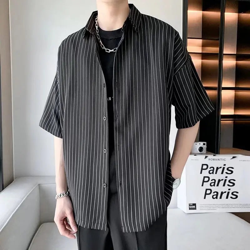 Striped Shirt men Japanese Casual Oversize Trend Black Unisex gothic Short Sleeved Blouses - Ellianto fashion Men's