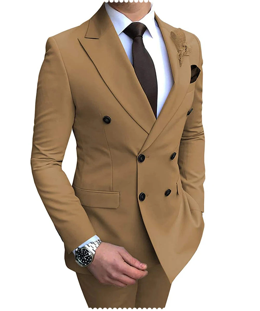2025 New Beige Men's Suit 2 Pieces Double Breasted Notch Lapel Flat Slim Fit Casual Tuxedos For Wedding(Blazer+Pants)