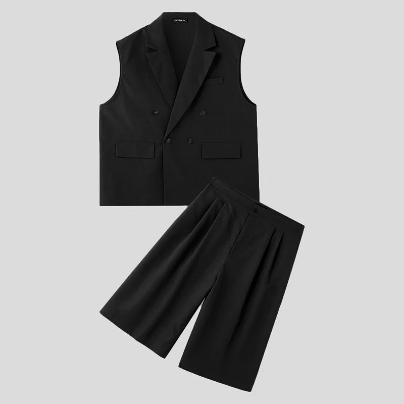 INCERUN 2025 American Style Sets New Men's Sleeveless Vests Shorts Casual Well Fitting Male Double Breasted Two-piece Sets S-5XL - Ellianto fashion Men's