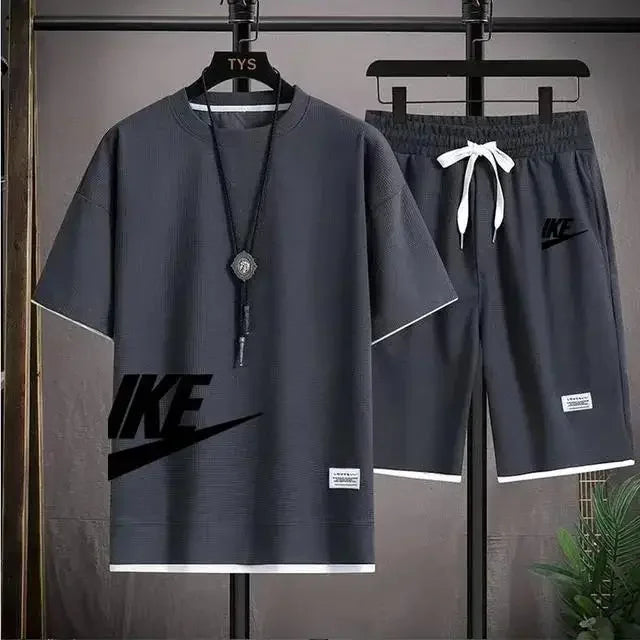 2025 Men's breathable short-sleeved T-shirt + jogging shorts two-piece summer fashion quick-dry fitness leisure sports suit - Ellianto fashion Men's