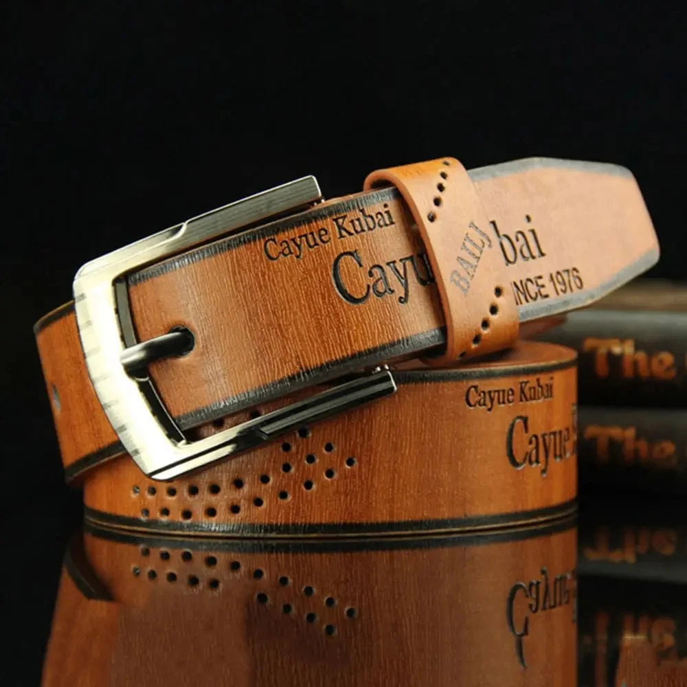 Men's Leather Belt Letter Print Luxury Classic Buckle Business Cowboy Vintage Waistband Alloy Belts - Ellianto fashion Men's