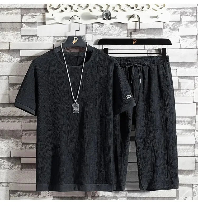 Ice Silk Summer Casual Sports Suit Men's Short Sleeve T-Shirt Shorts Set Fashionable Two-Piece Set for Men Comfortable Breathabl - Ellianto fashion Men's