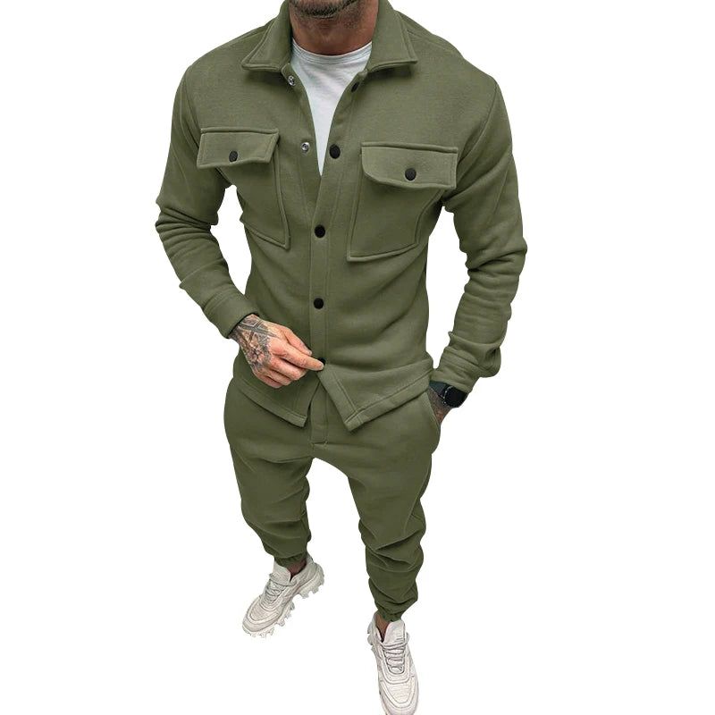 Men's casual overalls jacket and pants suit for fall/winter outdoor vacation American style men's fashion suede 2 piece set - Ellianto fashion Men's