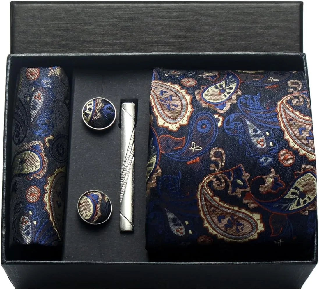 100% Silk Necktie Paisley Floral Mens Tie Top Quality Business Tie Pocket Square Tie Clip Cufflinks Set Classic For Men Gift Box - Ellianto fashion Men's