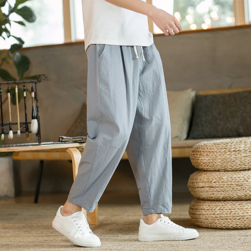 Men's Trousers Cotton Linen Fashion Casual Pants Solid Color Breathable Loose Shorts Straight Drawstring Pants Streetwear Men - Ellianto fashion Men's