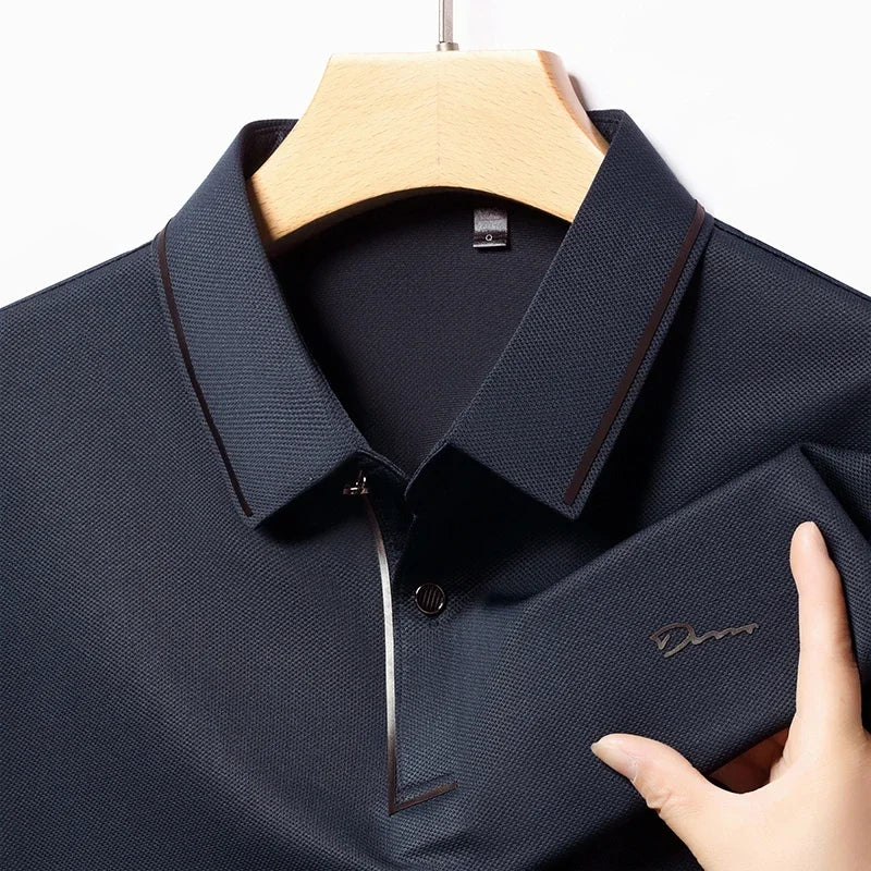 New Men's Business Casual Long Sleeved Shirt with Badge Solid Color Polo Shirt Fashionable Breathable Comfortable Versatile Top - Ellianto fashion Men's