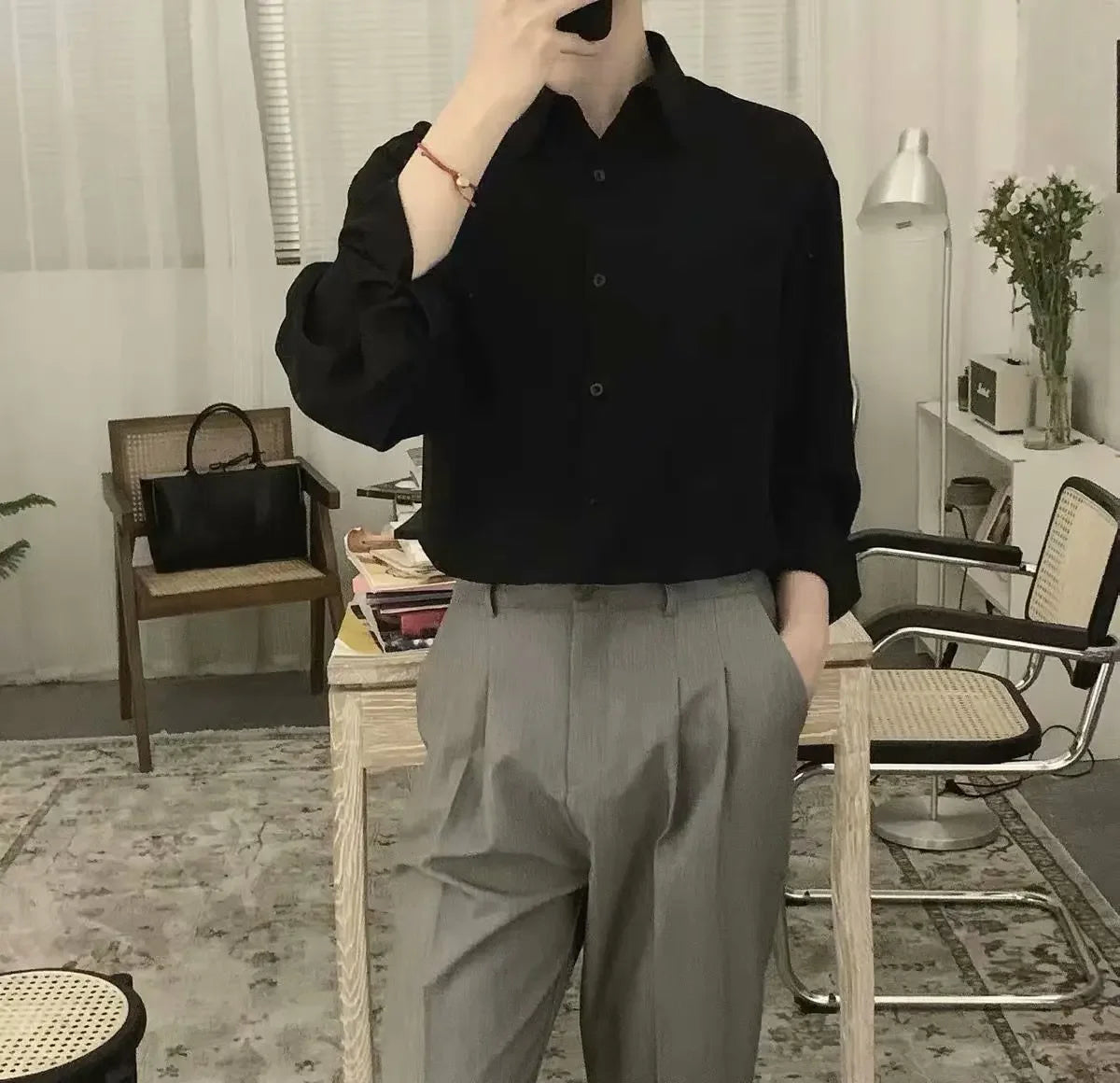 Trendy Korean Style Black Long Sleeve Casual Loose Fit Men's Shirt Draped Fashionable Smart Casual Thin Knit Top For Men - Ellianto fashion Men's