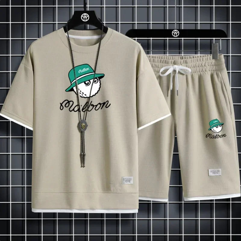 Set 2025 New men's summer Korean brand casual T-shirt + jogging Shorts 2-piece fitness slow running quick-drying breathable sportswe - Ellianto fashion Men's