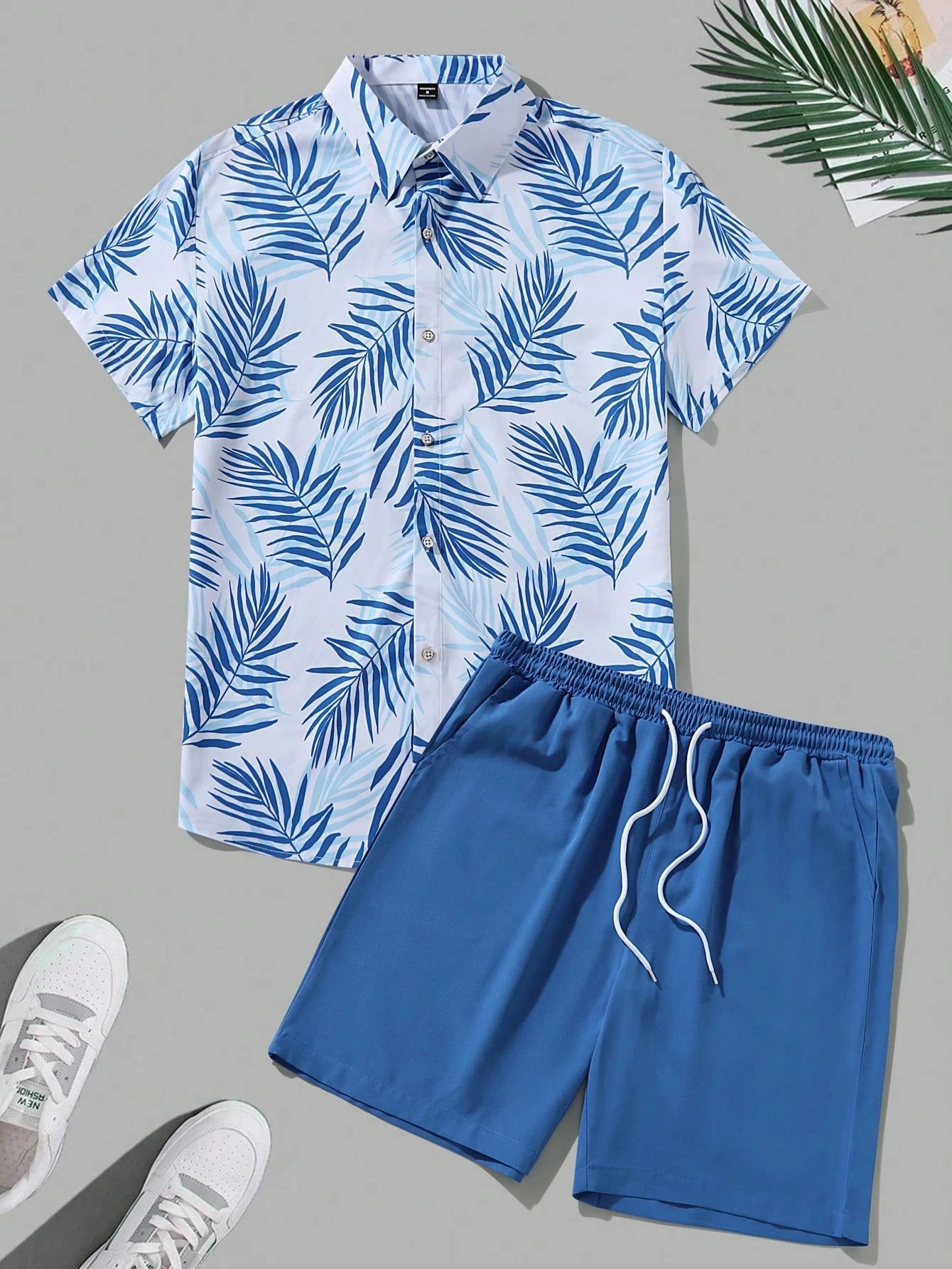 Set Summer Fashion Men's Suit Elegant Plant Printing Pattern Short-sleeved Lapel Shirt And Drawstring Shorts Leisure Two-piece Suit - Ellianto fashion Men's