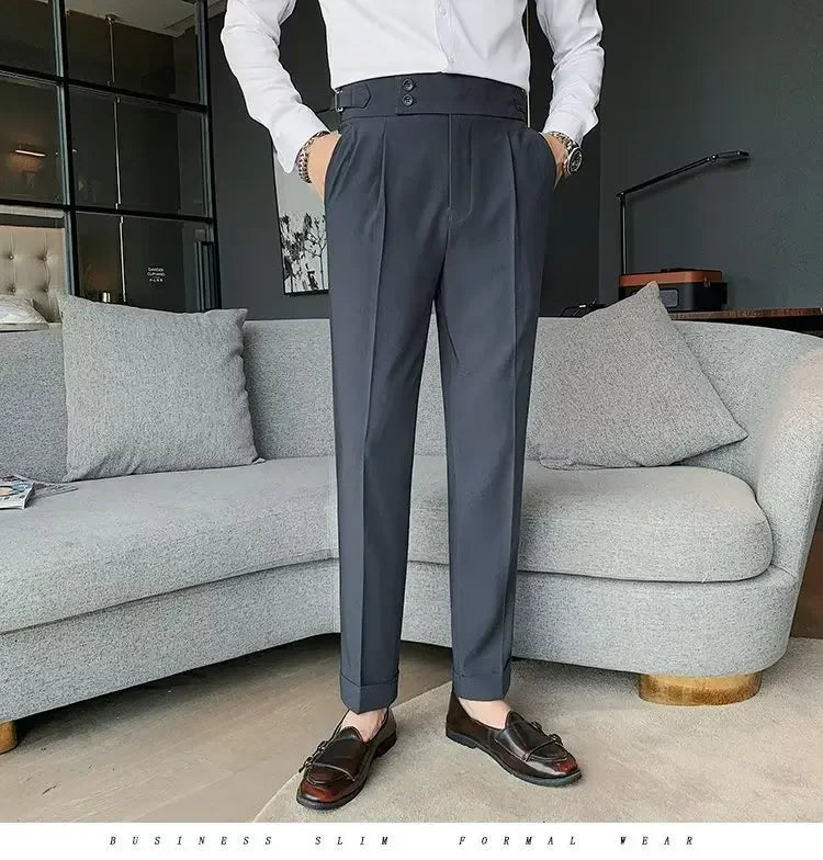 AutumnCasualTrousersMenStraight-LegNarrow-FitHigh-WaistedSlimsBritishStyleSuit Pants BusinessAttire - Ellianto fashion Men's