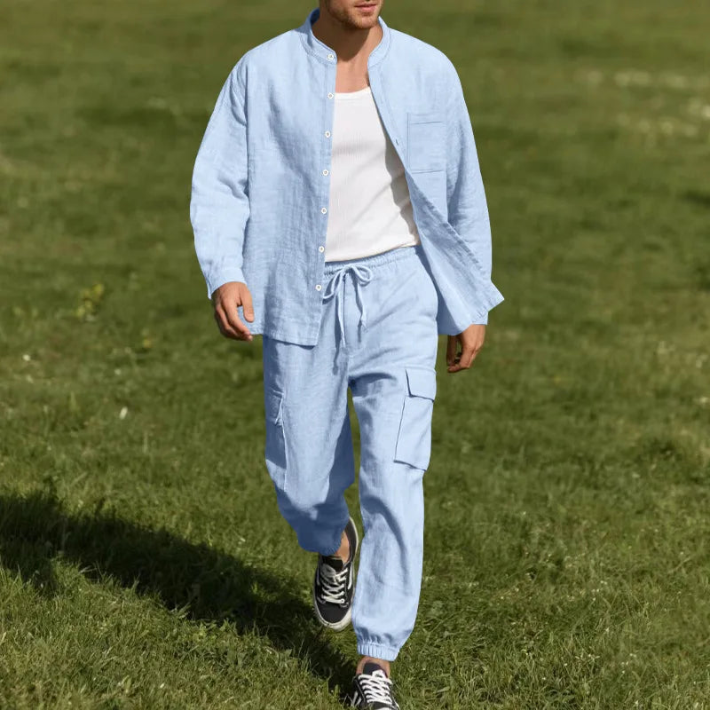 Spring and Summer Men's Linen Button Long Sleeved Shirt and Pants Set, Fashionable, Casual, Breathable, Quick Drying 2-Pie Set - Ellianto fashion Men's