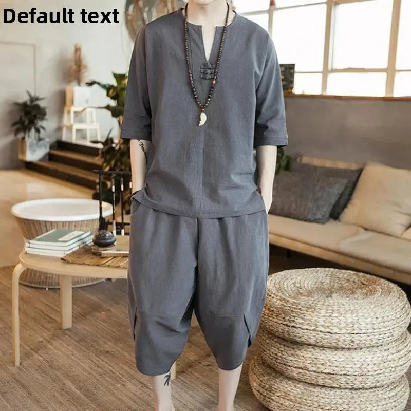 New Summer Linen Set Men's Chinese Style T-shirt Short Sleeve Two-piece Loose Seven Pants Set Male Comfortable Breathable - Ellianto fashion Men's