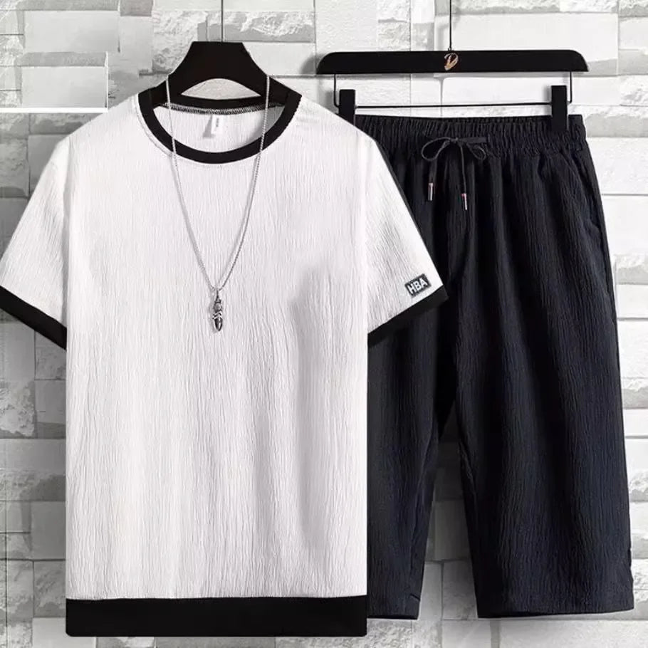 Summer Casual Ice Silk Short Sleeve T-Shirt Shorts Set for Men Fashionable Two-Piece Suit Lightweight Male Clothing Ensemble - Ellianto fashion Men's
