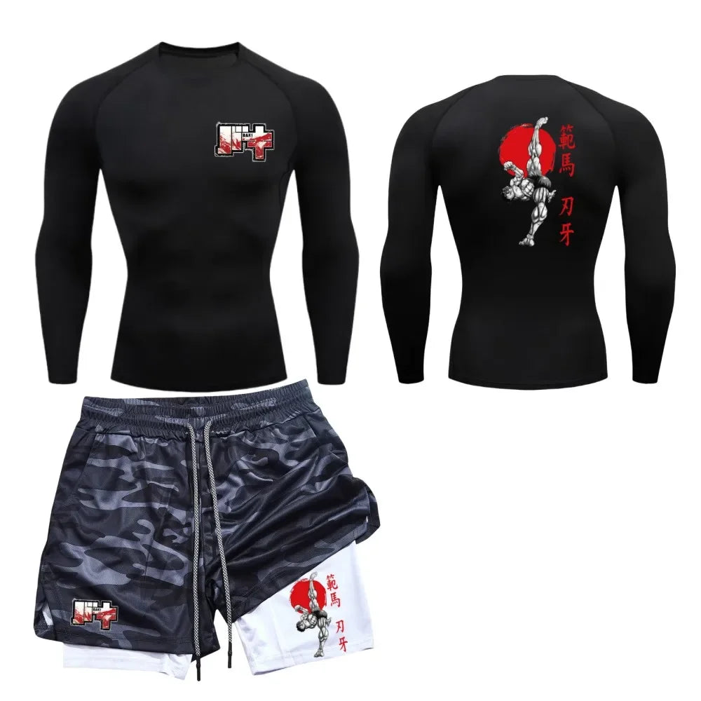 Men’s & Women’s Stylish Sports Set – Quick-Dry Fitness Wear with Baki Hanma Print & 2-in-1 Shorts