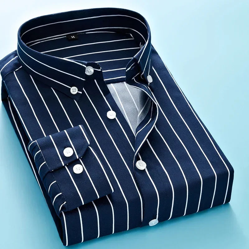 Men's Long Sleeve Blue White Striped Shirt Dress Fashion Standard-fit Button Down Shirts Blouse Men Hip-hop Streetwear Camisas - Ellianto fashion Men's