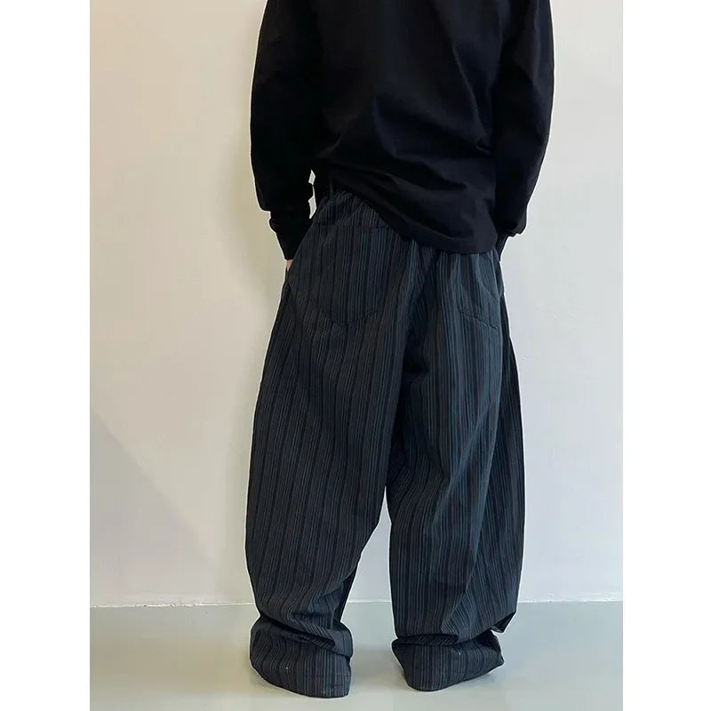 Retro Black Blue Vertical Stripes Cotton Wide Leg Pants Men's Fashionable Trousers Can Be Cuffed Or Dragged on the Ground - Ellianto fashion Men's