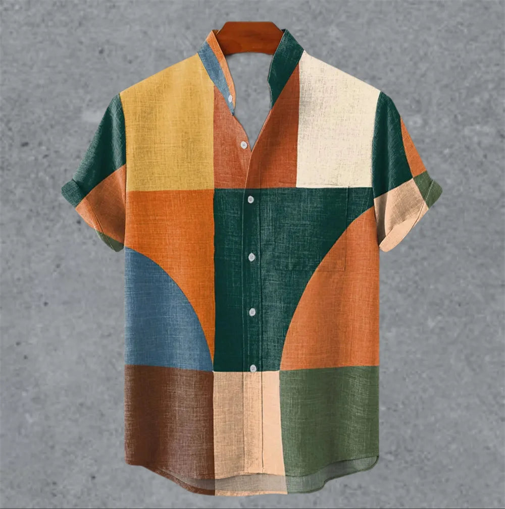 Art retro vintage men's shirt with mottled marks, standing collar printed short sleeved shirt, casual and comfortable top S-5XL - Ellianto fashion Men's