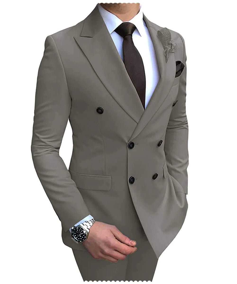 2025 New Beige Men's Suit 2 Pieces Double Breasted Notch Lapel Flat Slim Fit Casual Tuxedos For Wedding(Blazer+Pants)