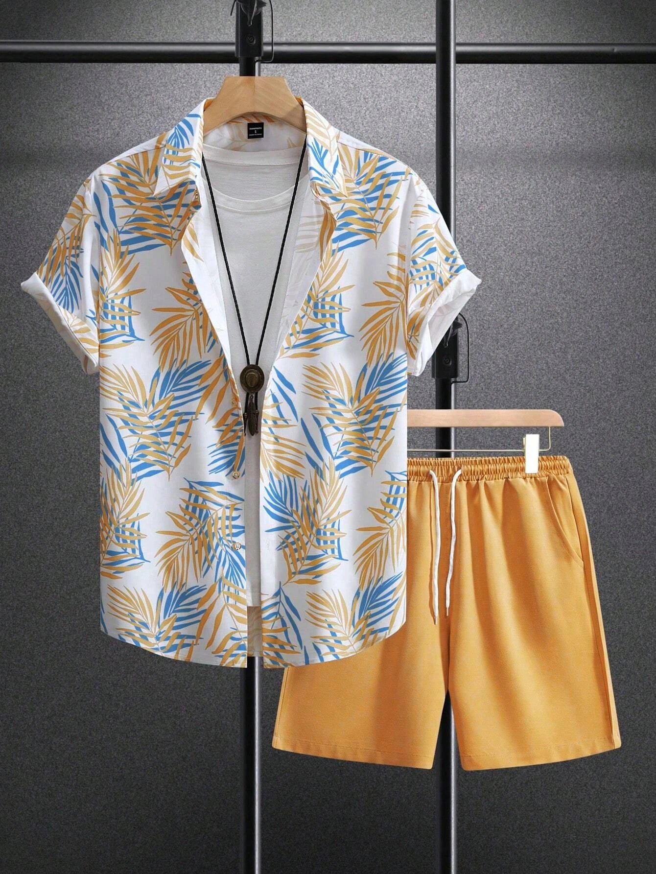 Set Summer Fashion Men's Suit Elegant Plant Printing Pattern Short-sleeved Lapel Shirt And Drawstring Shorts Leisure Two-piece Suit - Ellianto fashion Men's