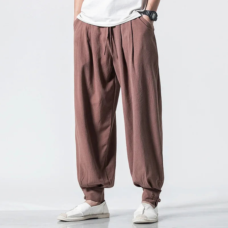 Loose-fit Cotton Linen Men's Women's Monk Pants No Tying Required Casual Spring Summer Long Pants For Zen Meditation - Ellianto fashion Men's