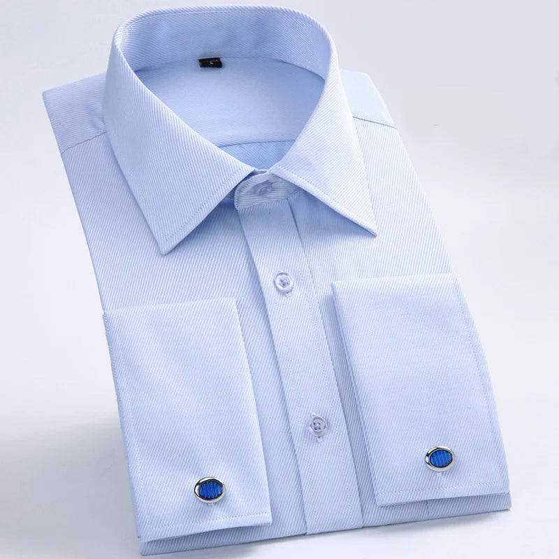 M~6XL Men's French Cuff Dress Shirt White Long Sleeve Social Male Shirts Regular Fit Party Dinner Wedding Cufflinks Formal Shirt - Ellianto fashion Men's