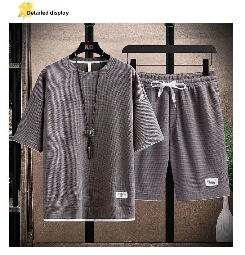 Casual Men's Sportswear Set Summer Short Sleeve Drawstring Shorts Loose Five-Quarter Pants Thin Male Outfit Two-Piece Suit - Ellianto fashion Men's