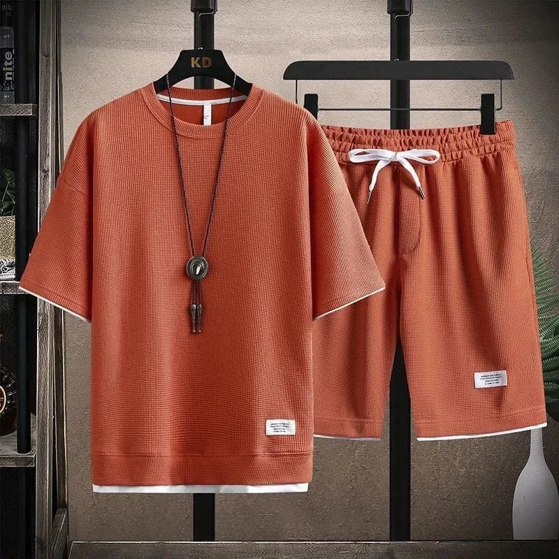 Casual Men's Sportswear Set Summer Short Sleeve Drawstring Shorts Loose Five-Quarter Pants Thin Male Outfit Two-Piece Suit - Ellianto fashion Men's