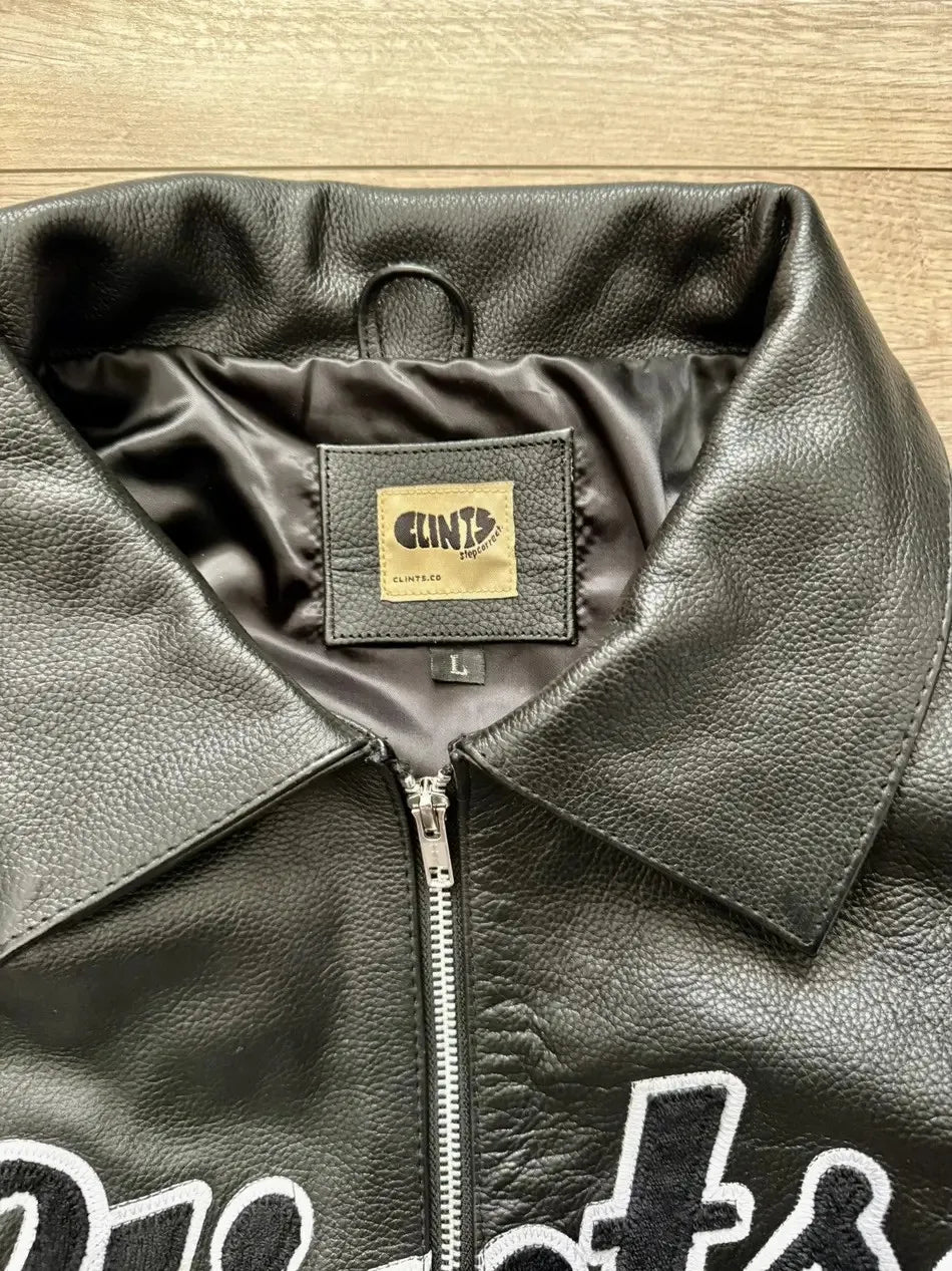 Men Retro Leather Bomber Jacket with Embroidered Star Black Zip Coat Street Style Autumn Winter Casual Outerwear Bold Urban Look