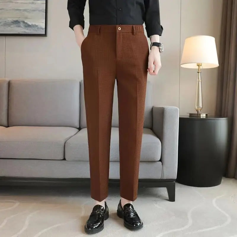 Trousers For Men Social Tailoring Slim Fit Khaki Business Waffle Tressed Work Wear Man Suits Pants Luxury Luxury Spring Clothes - Ellianto fashion Men's
