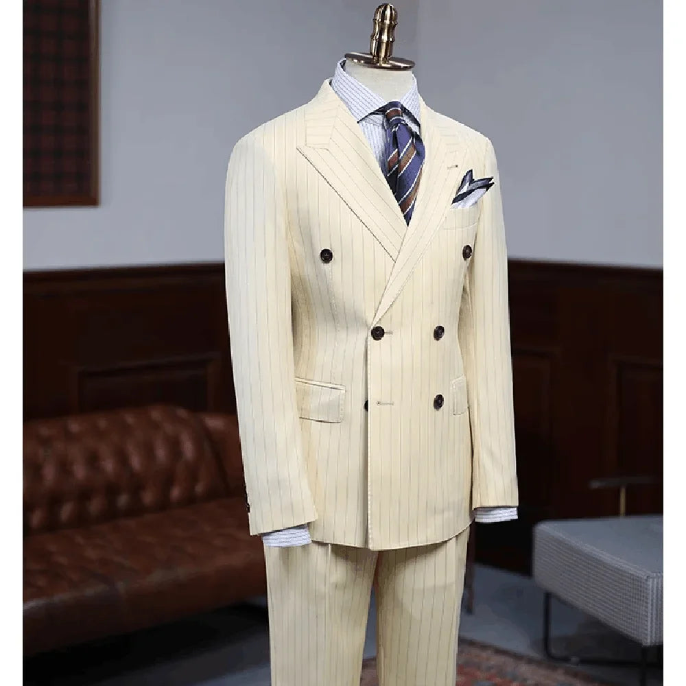 2 Piece Blazer Beige Vertical Stripes Men Suits High-end Peak Lapel Double Breasted Suit Slim Fit Business Casual Wedding Tuxedo