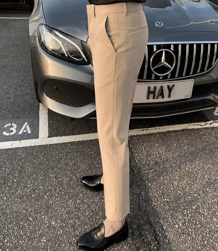 2025 Tressed Male Suit Trousers White Slim Fit Men's Summer Pants Straight 2024 Luxury Formal Work Wear New In Fabric Elegant Luxury - Ellianto fashion Men's