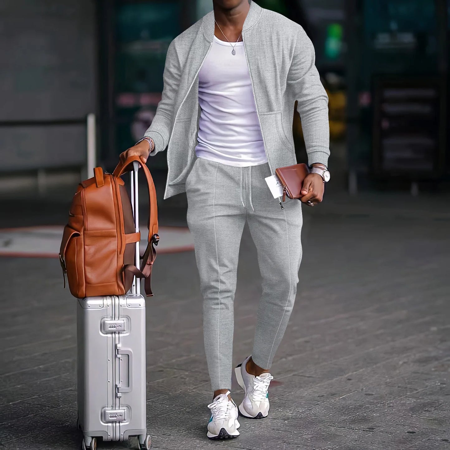 Set Autumnwinter men's casual blazer set new fashion Waffle baseball suit round neck pocket zipper long sleeve trousers two-piece se - Ellianto fashion Men's
