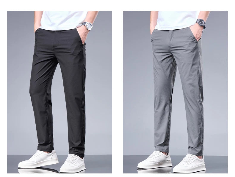 Summer New Business Ice Silk Pants Straight Elastic Waist Black Gray Trousers Breathable Simple Male Clothing Casual Suit Pants - Ellianto fashion Men's
