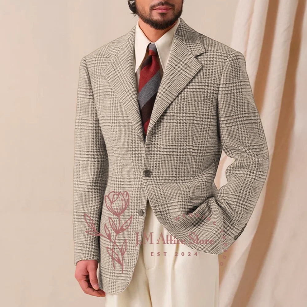Men's suit houndstooth stripes brown notch lapel casual jacket for wedding ball party formal event birthday gift, custom tuxedo - Ellianto fashion Men's