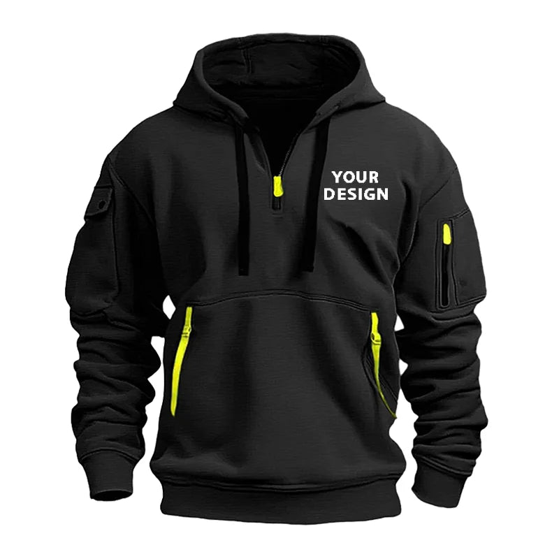 European New Men's Sports Zipper Arm Pocket Loose Casual Sweatshirt Customize Your Logo Dropped Shoulder Hooded Jacket Pullover - Ellianto fashion Men's