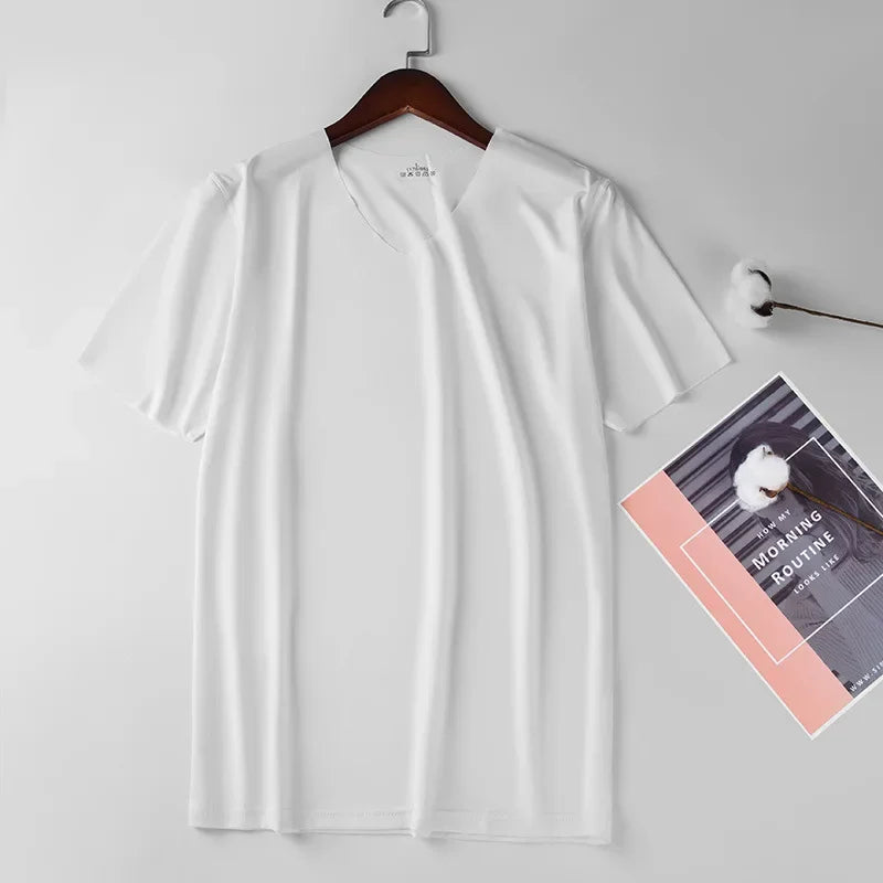 Men's Skinny Undershirt Plus Size Ice Silk Basic Shirts Breathable V-Neck Seamless T-shirt Underwear Thin Slim Bottoming Shirt - Ellianto fashion Men's