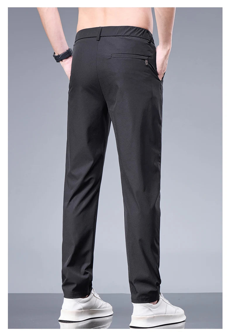 Summer New Business Ice Silk Pants Straight Elastic Waist Black Gray Trousers Breathable Simple Male Clothing Casual Suit Pants - Ellianto fashion Men's