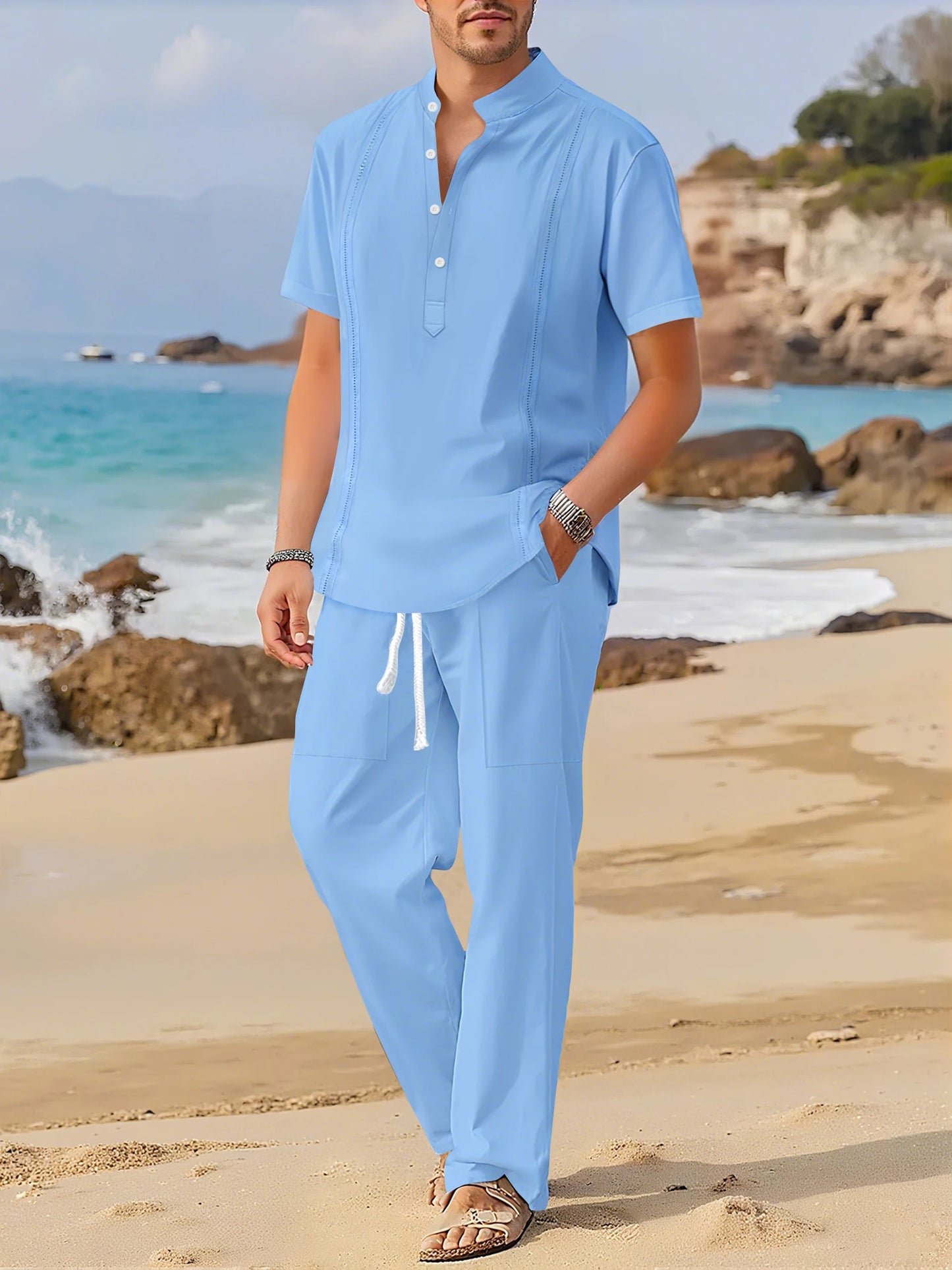 Men's Fashionable Cotton Linen Shirt Set with Cuban Pocket Long Sleeve Casual Two-Piece Suit Spring Autumn 100% Natural Fiber - Ellianto fashion Men's