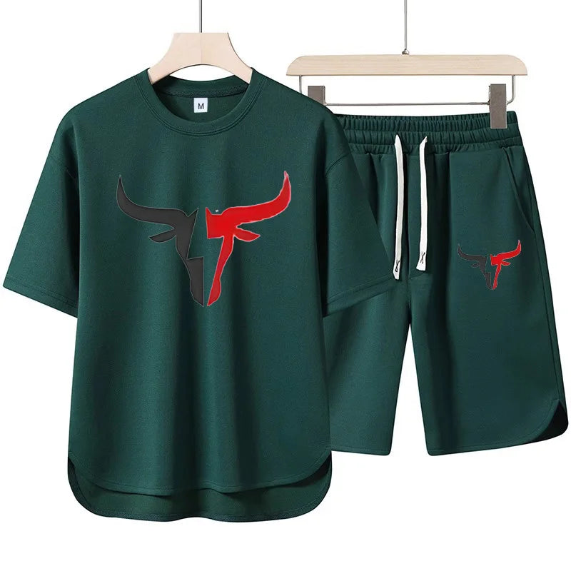 Set 2025 New European and American men's Summer Casual cotton and linen European size short-sleeved shirt + jogging sports shorts 2- - Ellianto fashion Men's