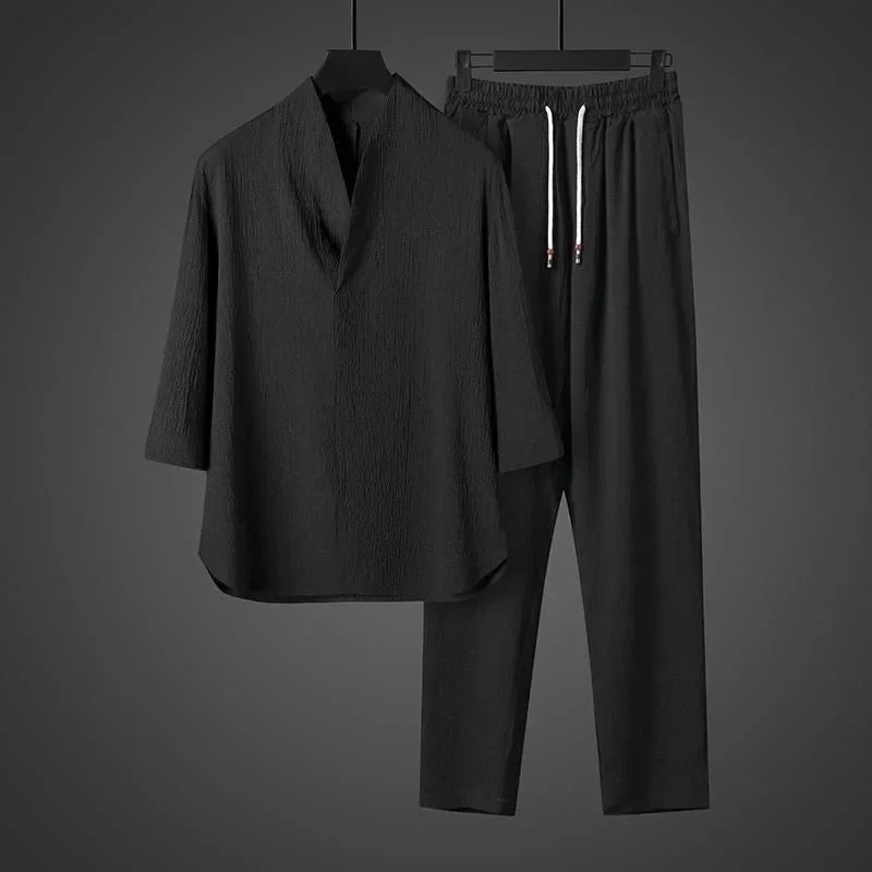 Ice Silk Loose Fit Short Sleeve Men's T-Shirt Set Chinese Style Summer Lightweight Big Size Tang Suit Two Piece Set - Ellianto fashion Men's