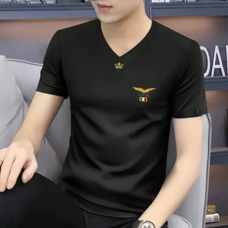 Trendy V-Neck Men's Short Sleeve T-Shirt Casual Slim Fit Summer New Style Sports Top For Smooth Slimming Men